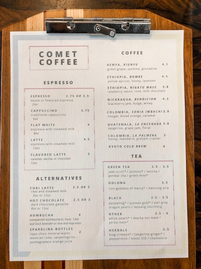 Comet Coffee Menu